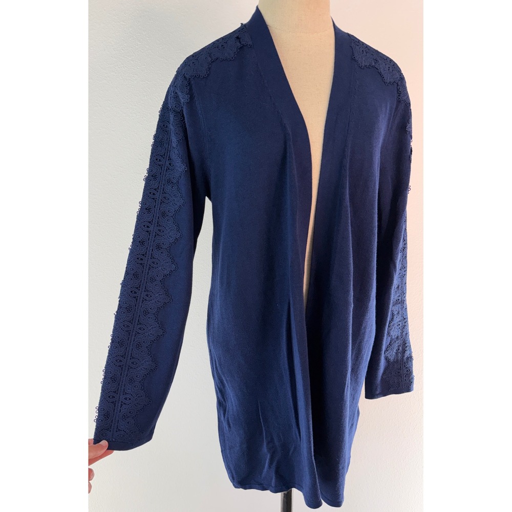 Chico's Navy Blue Lace Trim Longline Cardigan Open Front Boho Cottagecore Medium